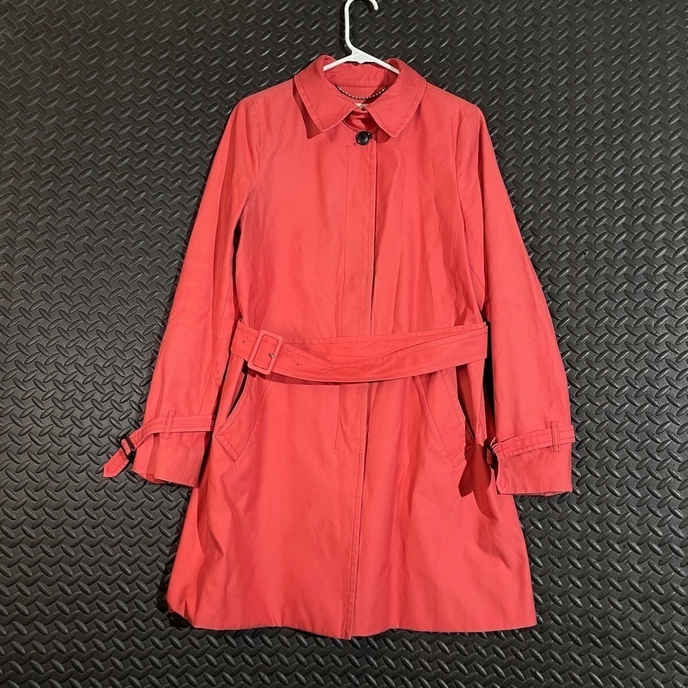 Coach New York Womens‎ Coral Pink Belted Trench Coat Striped Lining Size M